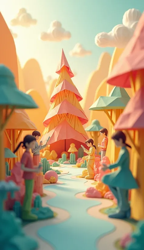 An intricate origami scene depicting a group of youthful, energetic paper figures working together in a vibrant, ever-expanding landscape. In the center, a delicate origami ‘infinite cake’—not a fixed slice, but a continuously unfolding form—symbolizes unl...