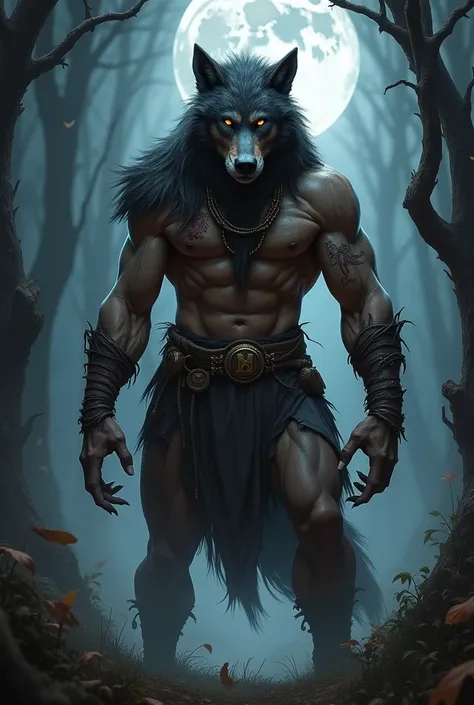 Create a male dark fantasy wolf in human form