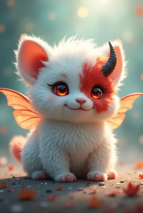 A fluffy and cute animal with fairy wings and half a demon red