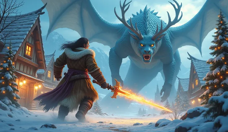 a humble holiday village covered in snow with Christmas lights and Christmas decorations is being destroyed by a ravaging ice dragon, a female giant wearing a reindeer pelt and wielding a flaming sword charges in to fight the threat