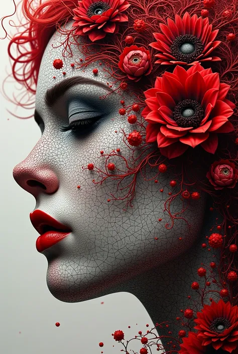 official art, unity 8k wallpaper, very detailed, beautiful and aesthetic, masterpiece, best quality, (zentangle, mandala, tangle, entangle), (fractal art:1.3) , 1 woman, Red flower, very detailed, dynamic angle, cowboy shot, The most beautiful form of chao...