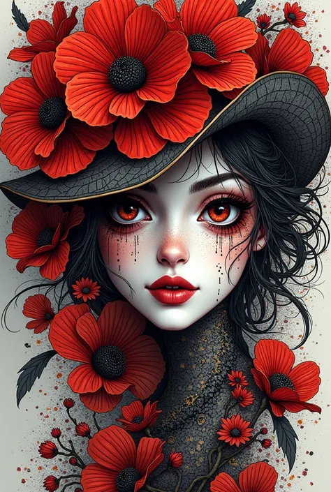 official art, unity 8k wallpaper, very detailed, beautiful and aesthetic, masterpiece, best quality, (zentangle, mandala, tangle, entangle), (fractal art:1.3) , 1 woman, Red flower, very detailed, dynamic angle, cowboy shot, The most beautiful form of chao...