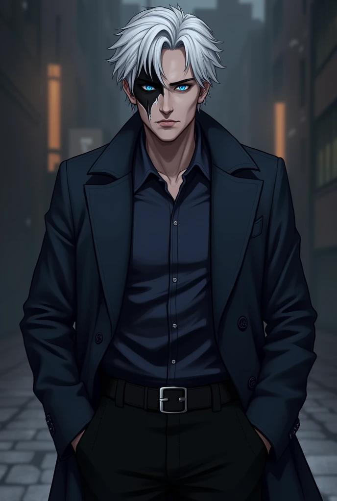 A middle aged man, with white-silver short hair, one blue eye and one black-white, wearing a dark blue coat, a black-blue shirt and black pants in a art style