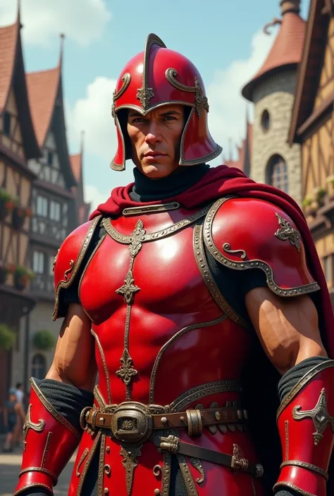 Young Arnold Schwarzenegger in red armor, red helmet, medieval fantasy world, town guard