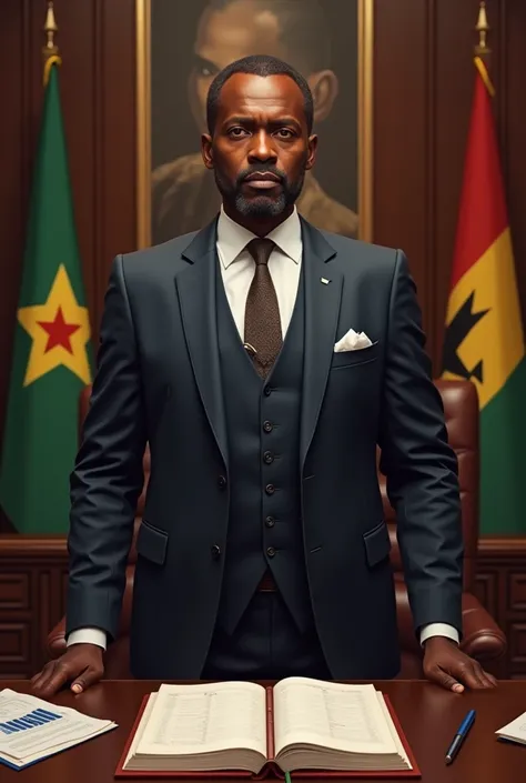 Minister of Finance of The Gambia.  A man in an elegant suit stands in front of a conference table , On the files and charts are .  National flags and a large accounting book can be seen behind him. 