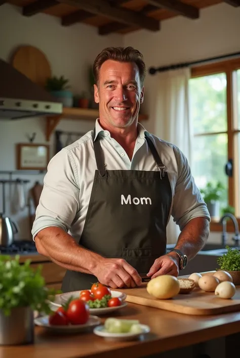 Arnold Schwarzenegger, in a good mood, in the kitchen, preparing a dish. Various ingredients on the counter. He is wearing an apron that says Mom. Soft light from a kitchen.