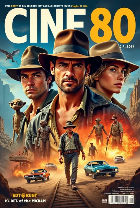  A magazine cover featuring the three best movies of the 80s (ET, Indiana Jones and Mad Max )  with the title CINE 80 