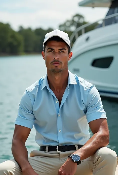 Une photo de cristiano Ronaldo portant une chemise bleu ciel et un pantalon beige avec une ceinture noire et un ketch blanc avec une montre aussi assis au bort du lac