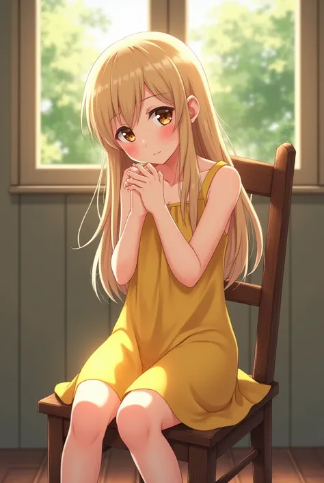 Anime girl in yellow dress in fetal position sitting on a chair