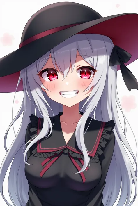 1girl, specter_(arknights), solo, sharp_teeth, teeth, grey_hair, long_hair, white_background, smile, looking_at_viewer, simple_background, open_mouth, red_eyes, hair_between_eyes, :d, black_headwear, bangs, portrait, hat, long_sleevesThe image shows an ani...