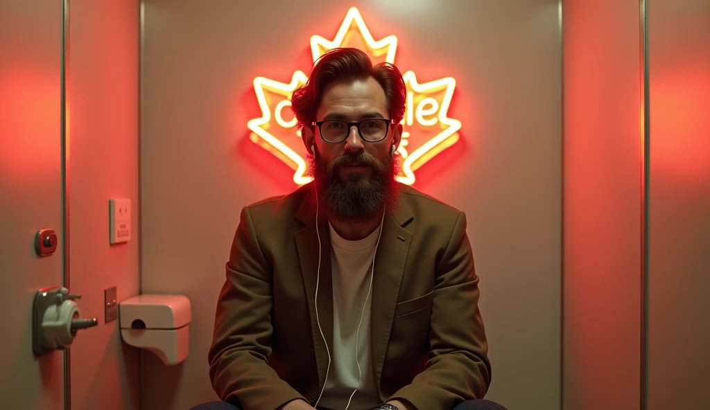 (photorealism:1.2),brown bearded canadian with spectacles and earphones sitting on his gold bidet toilet, neon sign Old_Maple 