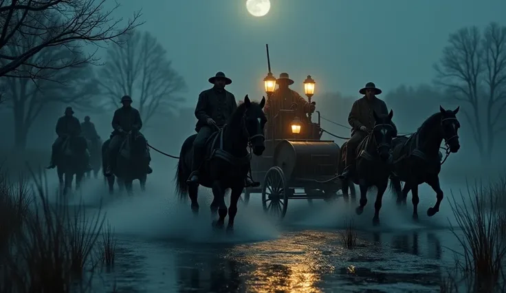 Mini video clip, Heavily armed men with rifles ,  accompanied by a carriage with three black horses,  above the carriage are antique lamps ,  in a rainy swamp illuminated only by the moon  