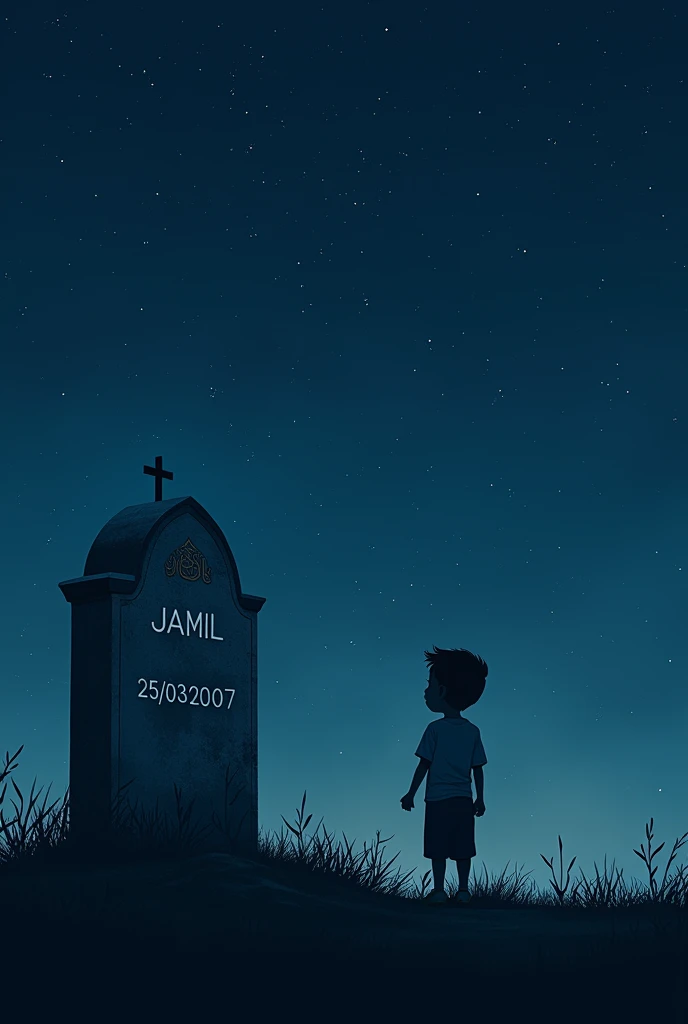 A boy stand in front of Muslim grave in night star shining in sky written on the board of grave Jamil date of birth 25/03/2007