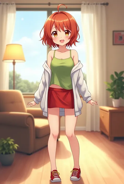 Young anime woman standing in a living room, with short ginger hair and brown eyes, wearing light green tank top with thin straps and white jacket with short sleeves, wearing short red mini skirt and red shoes, looking with smile