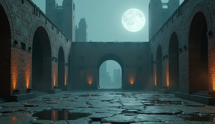 ( masterpiece ), (Extremely complex :1.3), ((( realistic ))), Futuristic interior of a deserted city brick square, many brick walls ,  sci-fi style with a full moon in the background ,  dark environment