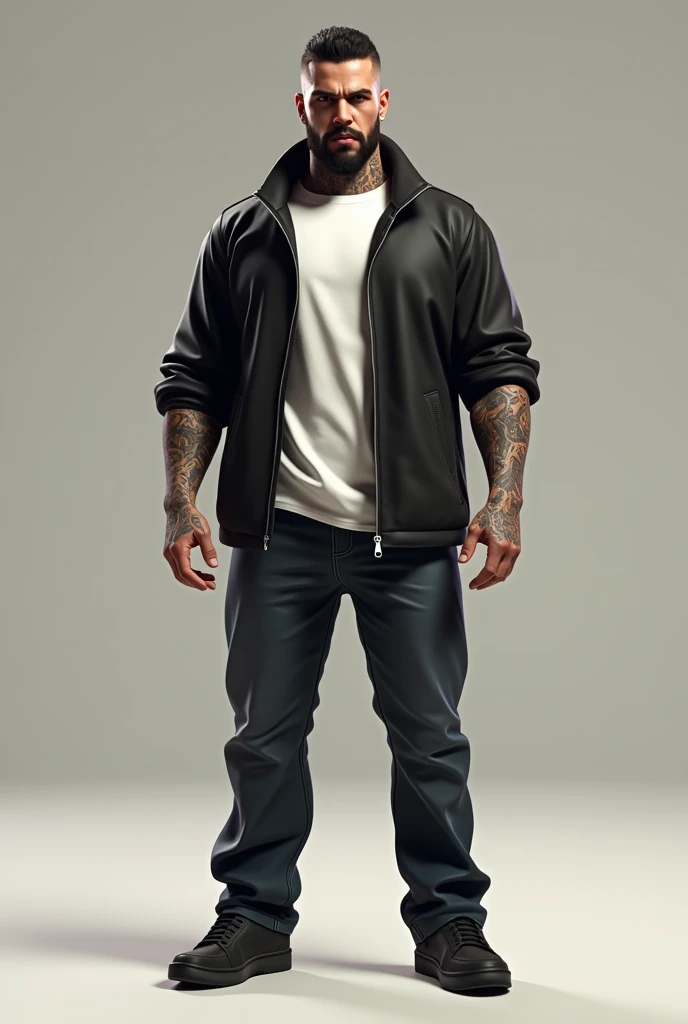 Create a 3D illustration of an animated character of a handsome man with a trimmed beard, short black hair, muscular, with tattoos, standing. The character must wear modern clothes, such as jeans, sneakers, a white shirt and a black jacket. The characters ...