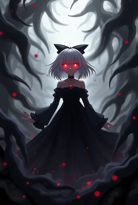  Generate an image of Kanna Kamui of miss Kobayashi-san with crimson red eyes , white hair and a dress too . that looks intimidating,  not like a girl and that has an aura behind black and white behind her behind and around her. Let it be an aura ,  not th...