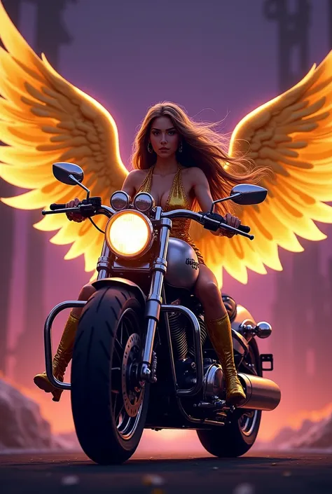 create an imagotype that has a woman with golden wings on a motorcycle and that the colors are yellow and purple with a few words queen motors