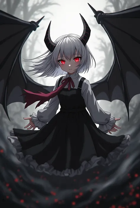  Generate an image of Kanna Kamui of miss Kobayashi-san with crimson red eyes , white hair and a dress too . that looks intimidating,  not like a girl and that has an aura behind black and white behind her behind and around her. Let it be an aura ,  not th...