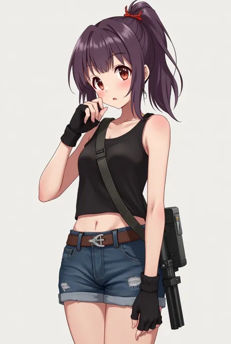  The picture shows an animated figure ,  that are shown in a relaxed ,  thoughtful state .  Her outfit is done by fingers loose gloves added ,  shoulder-length hair ,  It is a young woman with purple-brown {x} tied in a loose ponytail.  She is wearing a bl...