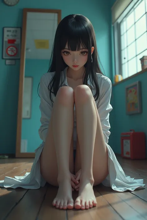 masterpiece,      high resolution, accurate,  High quality , shot,     Full body mirror , sitting on the floor, spread legs ,  Korean girl at the bus stop, Stockings, fixed position, See you, motel