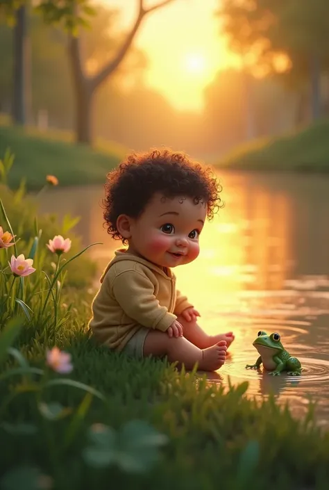 CREATE AN IMAGE OF A LITTLE 8-MONTH-OLD BOY WITH CURLY BLACK HAIR AND FLUFFY CHEEKS SITTING NEAR A GLOWING LAKE. THERE IS ALSO A FROG NEARBY