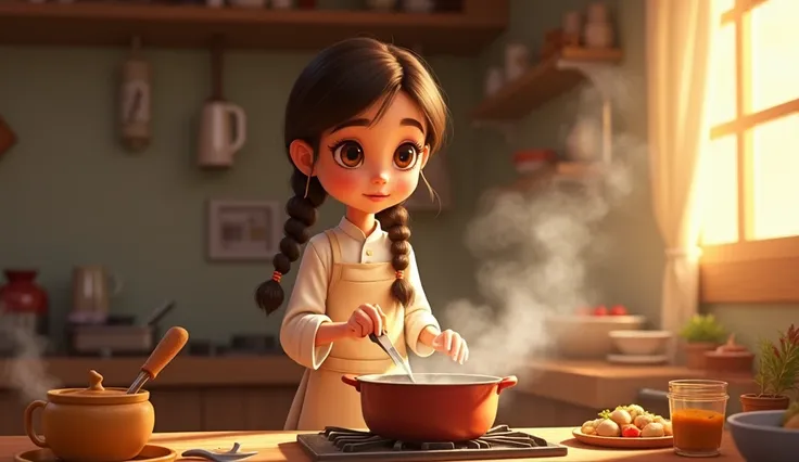 Stirring the spoon in the pot while cooking , Ayesha is   pale skin complexion Brown eye color brown hair hairstyle braids wearing traditional kurta and shalwar footwear matching with dress shoes  
Ayesha, the aspiring chef: Ayesha is a young girl with bri...