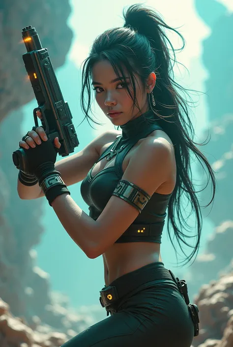 Young warrior woman with highly detailed skin with a plasma gun in an unrealistic setting 