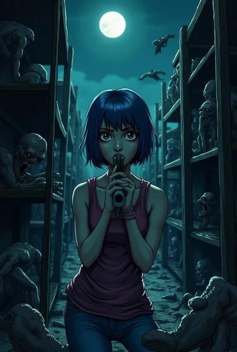 Sally [young slim woman, short blue, hair] from Tales of the Zombie Wasteland (TFTZW) is hiding in a dark warehouse at night, we see her in the front and center of the image, hiding in front of a thrown-over shelf. Dim moonlight is lighting her face. She i...