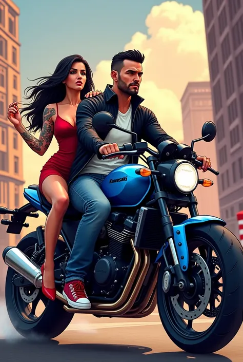 Create a 3D illustration of an animated character of a handsome man, with a trimmed beard, short black hair, muscular, with tattoos, riding the blue motorcycle, Kawasaki motorcycle, a beautiful woman on the back of the motorcycle, long black hair, the woma...