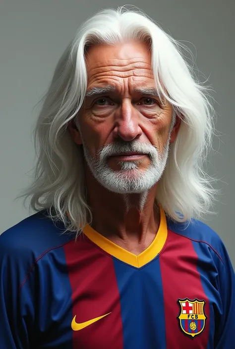  with white hair and the Barça shirt 