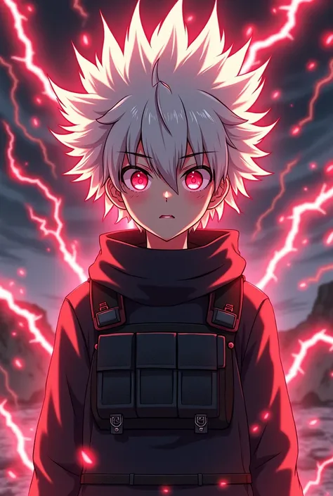 An anime-style illustration a young teenage boy with white spiky hair and vivid red eyes, exuding a calm, cold, serious and stoic demeanor. He is surrounded by a dynamic aura of red, sparking lightning. His floating hair appears electrified, and his glowin...