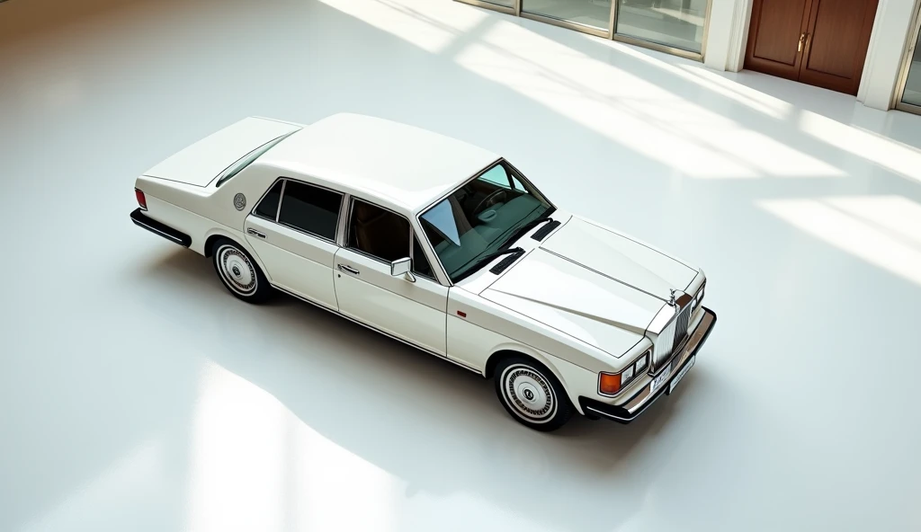 aerial  view of painted white with shiny colour  1981 Rolls-Royce Dakar sleek in original model shape sedan with original and white reflection falling on car colour with captured from aerial view in a Luxury bright showroom with white gleamy floor Quality ...