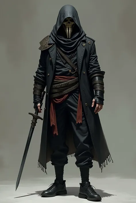  A male character  ,  wearing a bone mask , Wearing a hooded helmet , a pair of pants, An all-black sneaker  ,  with a sword in hand 