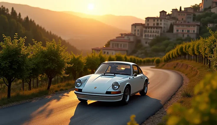 Porsche 911 Carrera RS 2.7,  Porsche is slowly rolling along a winding road amidst the vineyards as the sunset sets. In the background, a quiet Italian town .