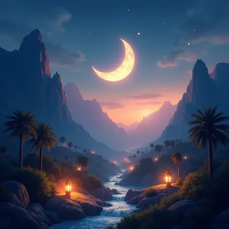 A breathtaking and powerful representation of Ramadan, emphasizing its spiritual significance and strength. In the foreground, a radiant crescent moon shines brightly, symbolizing the start of the holy month. Surrounding it are delicate lanterns casting wa...