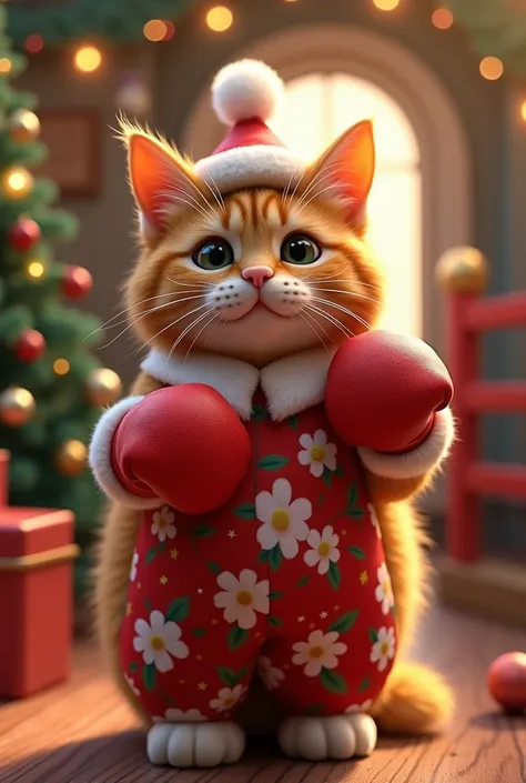 Fluffy ginger cat wearing a floral Christmas overall, hat and box gloves. Background box ring and Christmas atmosphere