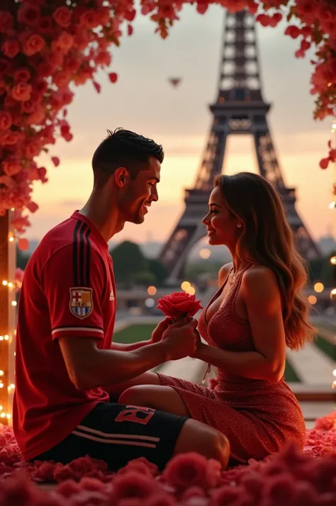 Generate a hyper-realistic image of Cristiano Ronaldo, wearing his team football jersey, propose lovely style to jennifer lopez. The scene should capture fine details like the  beautiful ifeltower, the expressions on both Ronaldo and the jennifer lopez fac...