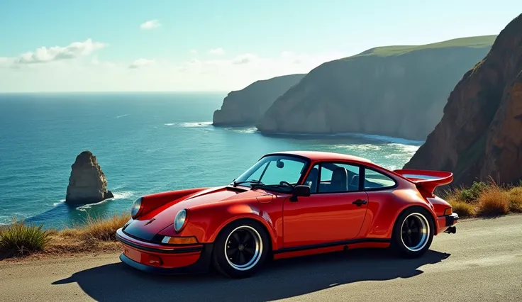 Porsche 911 Carrera RS 2. 7 The car is parked near the cliffs overlooking the ocean. The wind blows away rare clouds ,  and the body glitters under the bright sun .