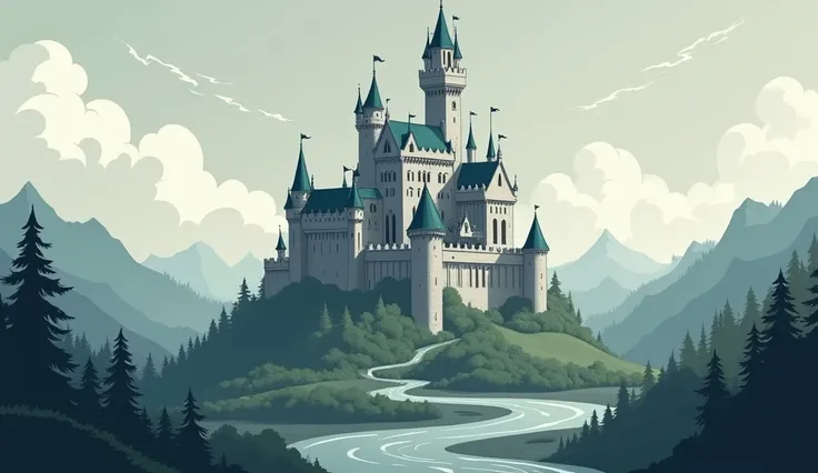 A kingdom with a gray realistic cartoon style castle 