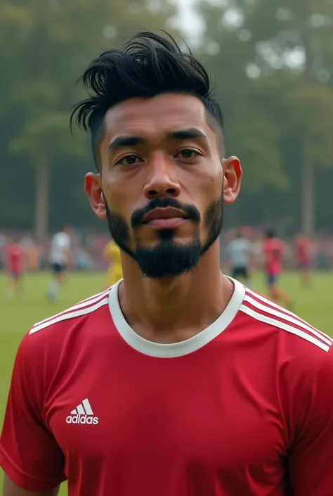  Make an ultra-realistic depiction of a soccer player, indigenous, thin, short black hair and beard;  wearing a red t-shirt ,  with white lines on the shoulder and white collar.