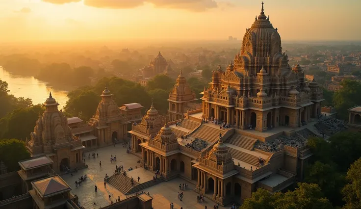 Elaborate ancient city of Ayodhya, India, intricate ancient temples, royal palaces, traditional huts, serene riverbank, lush greenery, bustling marketplace, sunset sky, warm golden glow, top view perspective, drone video shoot, detailed architecture, histo...