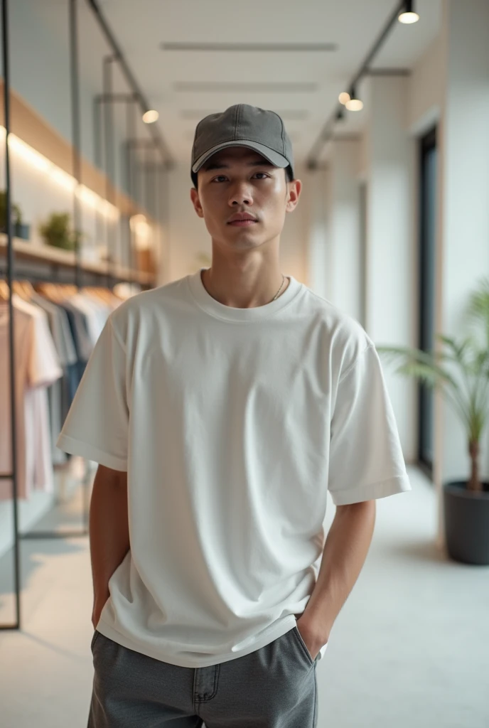 Photo of a handsome young Asian man with a bald head wearing a baseball cap in casual and cool clothes at a premium oversized t-shirt shop with a white minimalist aesthetic. The store has a bright, airy and clean interior with a focus on simplicity and ele...