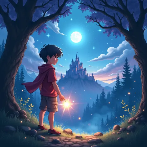 An anime-style book cover featuring a young boy with a determined expression, standing in a mystical forest illuminated by ethereal light. He holds a glowing magical orb in one hand, with faint magical runes floating around him. In the background, a war-to...