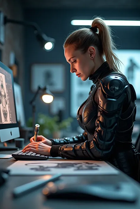 A person designing 3D models of futuristic armor