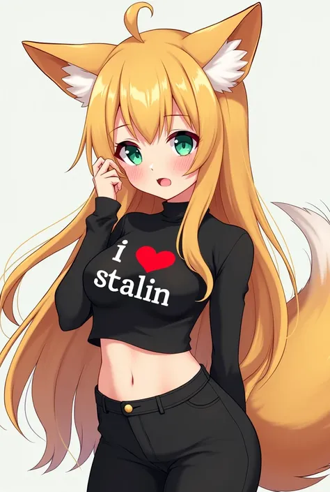  Create an image of an anime girl, 19 years old, fox ears, fox tail , long hair, green eyes, very dark big circles under eyes, dark circles under eyes, blonde hair,  flet chest, , skinny hips, big thighs, happy, nice butt, , ((skin tight Black long sleeve ...