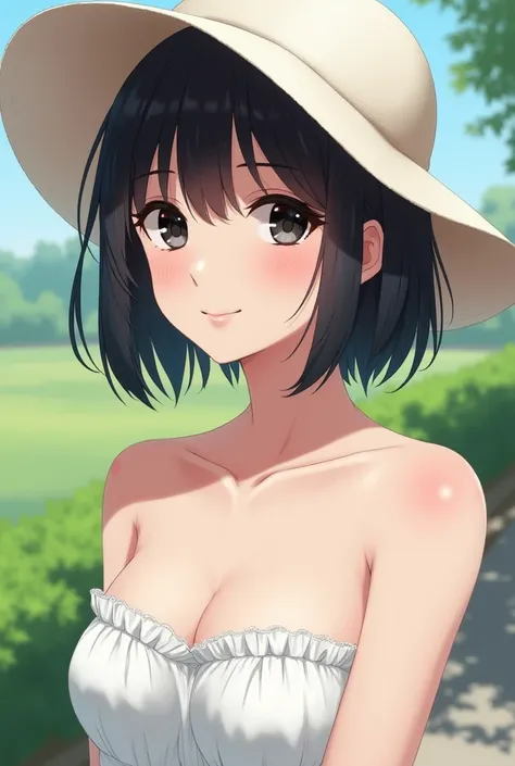 A close view of young anime woman standing outside near a park, with short black bob hair and black eyes, wearing  short white strapless summer dress with neckline and white summer hat, looking with smile