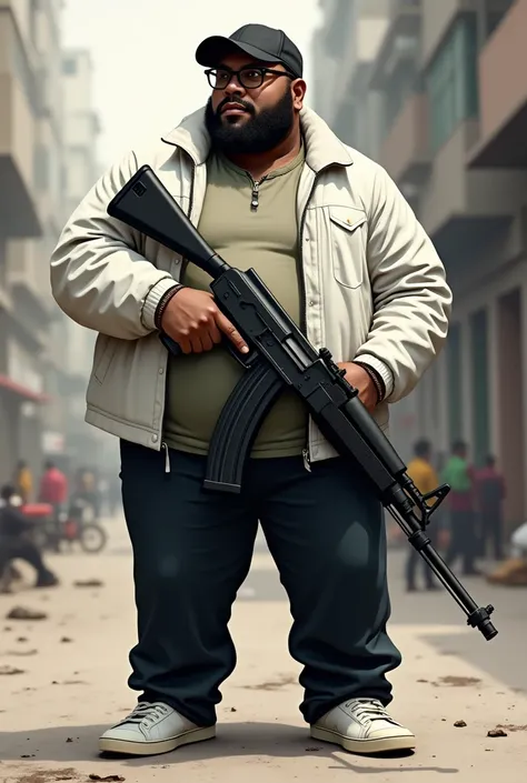 a chubby dark-skinned man with a black cap and a white jacket, black pants, white tennis shoes and glasses, an AK 47 RIFLE