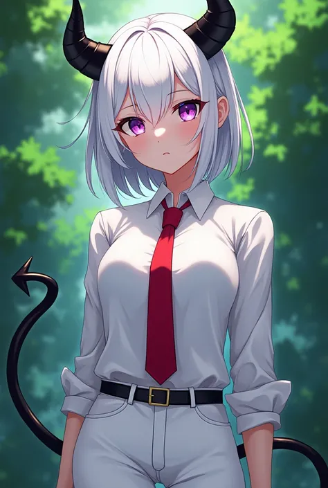  Anime girl with purple eyes with black pupils and white hair and has black horns and wears a white shirt with a red tie and wears white pants,She is in front of the camera and shows off her entire body and the background is green .