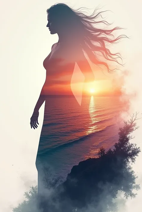 high quality, 8K Ultra HD, A beautiful double exposure that combines an goddess silhouette with sunset coast, sunset coast should serve as the underlying backdrop, with its details incorporated into the goddess , crisp lines, The background is monochrome, ...